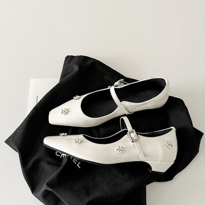 2025 Sheepskin version~  rhinestone flower one-word buckle light mouth thick heel single shoes women's gentle temperament square head Mary Jane shoes