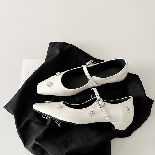 2025 Sheepskin version~  rhinestone flower one-word buckle light mouth thick heel single shoes women's gentle temperament square head Mary Jane shoes