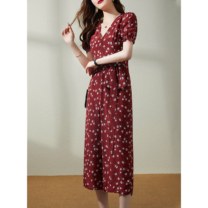 2025 Floral silk jumpsuit women's  summer short-sleeved V-neck high-waisted mulberry silk wide-leg pants women's fashion dress