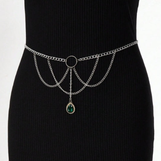 3418 2025 New new waistchain green crystal gemstone pendant multi-layer waist chain waist jewelry body chain