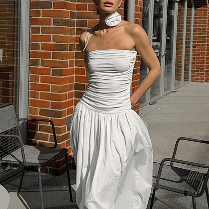 XAKXX 2025Autumn white temperament off-the-shoulder suspender slim tube top low-rise slim dress 2025 fashion flower dress