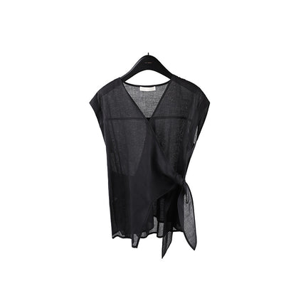 2025  Ramie Tencel Cross Design Sense Shirt 2025 Thirteen Lines Summer New Shirt Women's T5059X