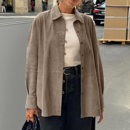 XAKXX 2025 spring and summer retro style khaki knitted suede loose lapel shirt sleeves 2025 niche versatile shirt women