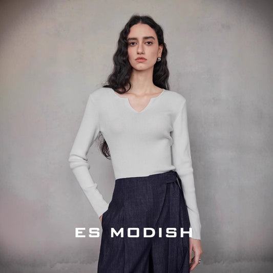 2025 ES MODISH spring new product elegant V-neck slim-fitting long-sleeved knitted sweater high-end Tencel top women