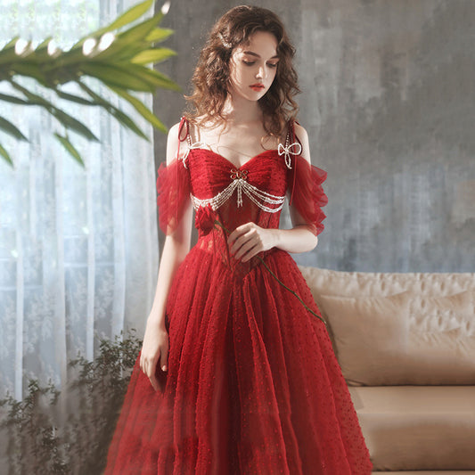 Burgundy host heavy industry light luxury toasting clothes nail beads annual meeting one-word shoulder model catwalk starry sky adult dress