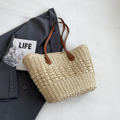 2025 Straw bag ins  simple woven tote bag shoulder portable large-capacity women's bag summer vacation beach bag