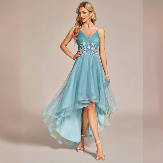 2025 popular autumn new 2025 dresses deep V simple front short rear long mesh yarn annual meeting bridesmaid dance evening dress