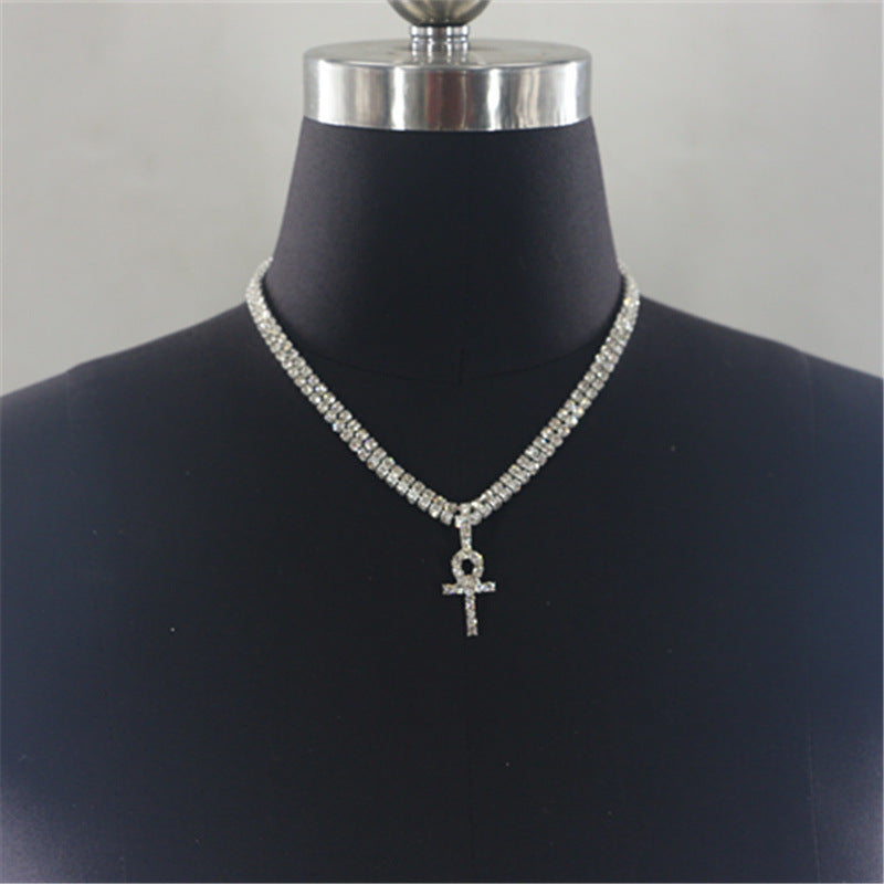 2025 YL2224  necklace factory supply rhinestone cross pendant single row diamond chain double necklace neck