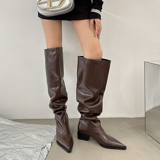 2025 Large tube pleated stacking boots women's popular new boots autumn and winter women's boots  pointed boots thick heel boots