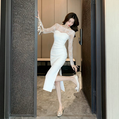 2025 temperament lace splicing long-sleeved dress female sexy halter dress dress white Popular atmosphere skirt