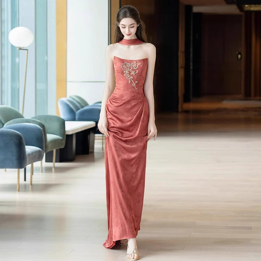 2025 Morning robe women's new Chinese toasting clothes, bride engagement banquet, fishtail skirt, tube top  evening dress