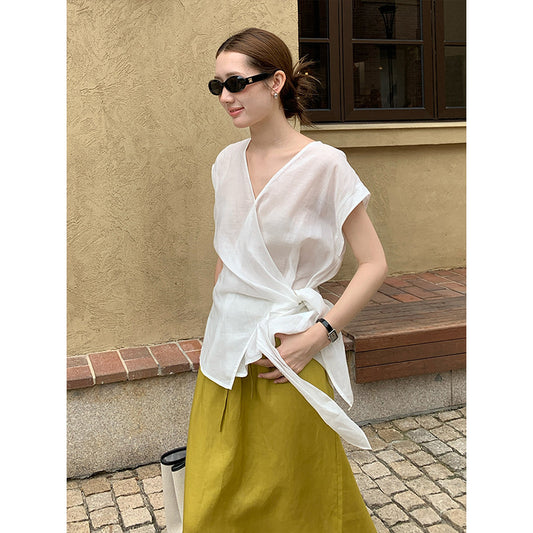 2025  Ramie Tencel Cross Design Sense Shirt 2025 Thirteen Lines Summer New Shirt Women's T5059X