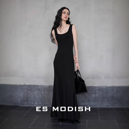 2025 ES MODISH Spring New Sexy Square Neck Slim Hip Wrap Fish Tail Suspender Dress Celebrity Style Long Dress Women