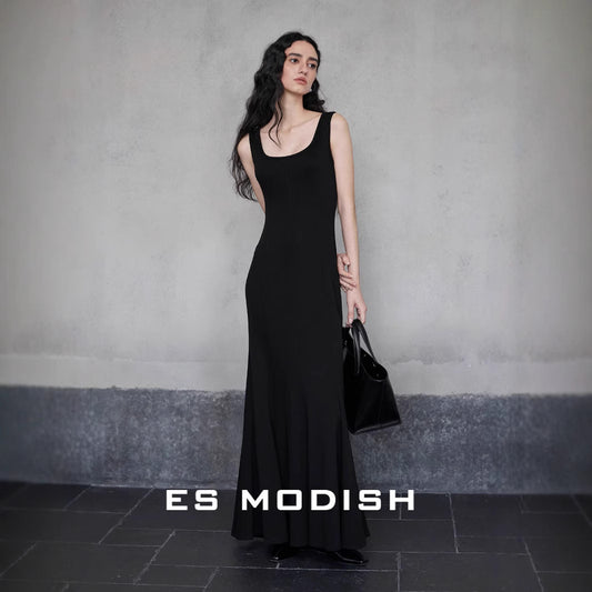 2025 ES MODISH Spring New Sexy Square Neck Slim Hip Wrap Fish Tail Suspender Dress Celebrity Style Long Dress Women