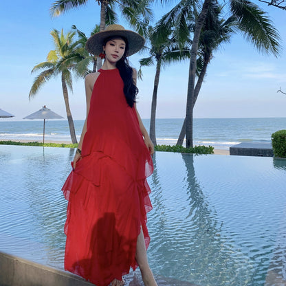 2025 White Elegant Fairy Neck Lotus Leaf Edge Holiday Dress Summer Fairy Seaside Beach Dress Cake Dress