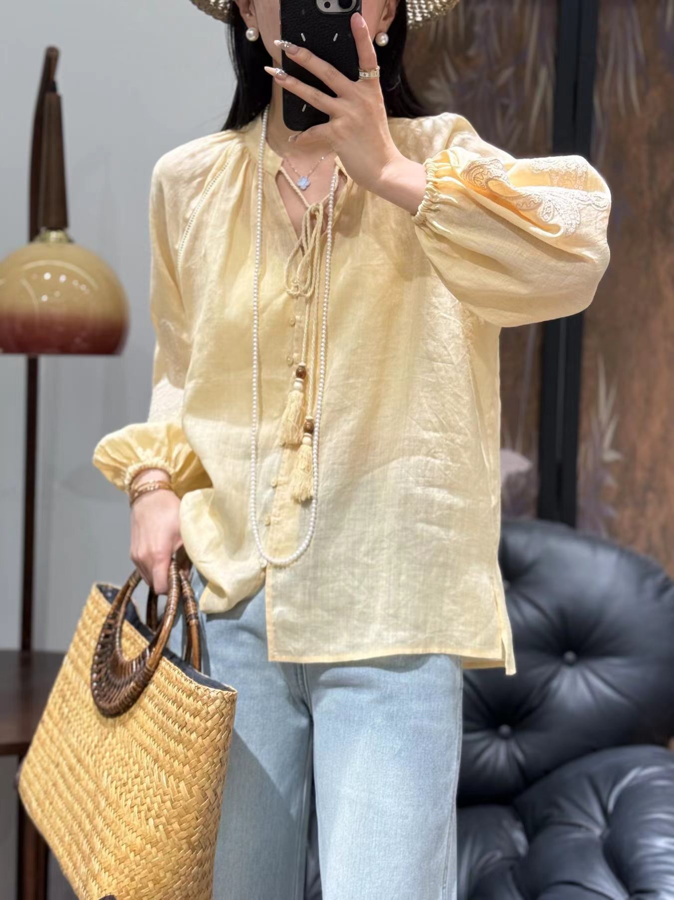 2025 High-end  early spring new 100 ramie sequined embroidery decoration fashionable loose and thin Popular shirt