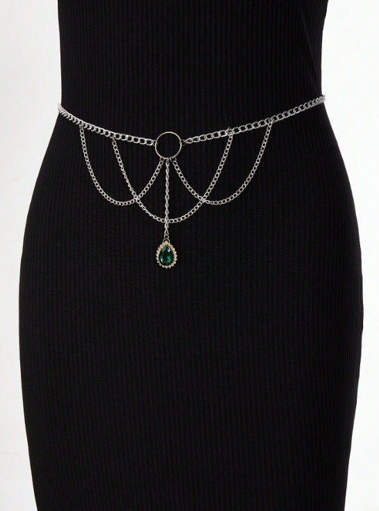 3418 2025 New new waistchain green crystal gemstone pendant multi-layer waist chain waist jewelry body chain