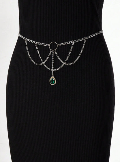 3418 2025 New new waistchain green crystal gemstone pendant multi-layer waist chain waist jewelry body chain