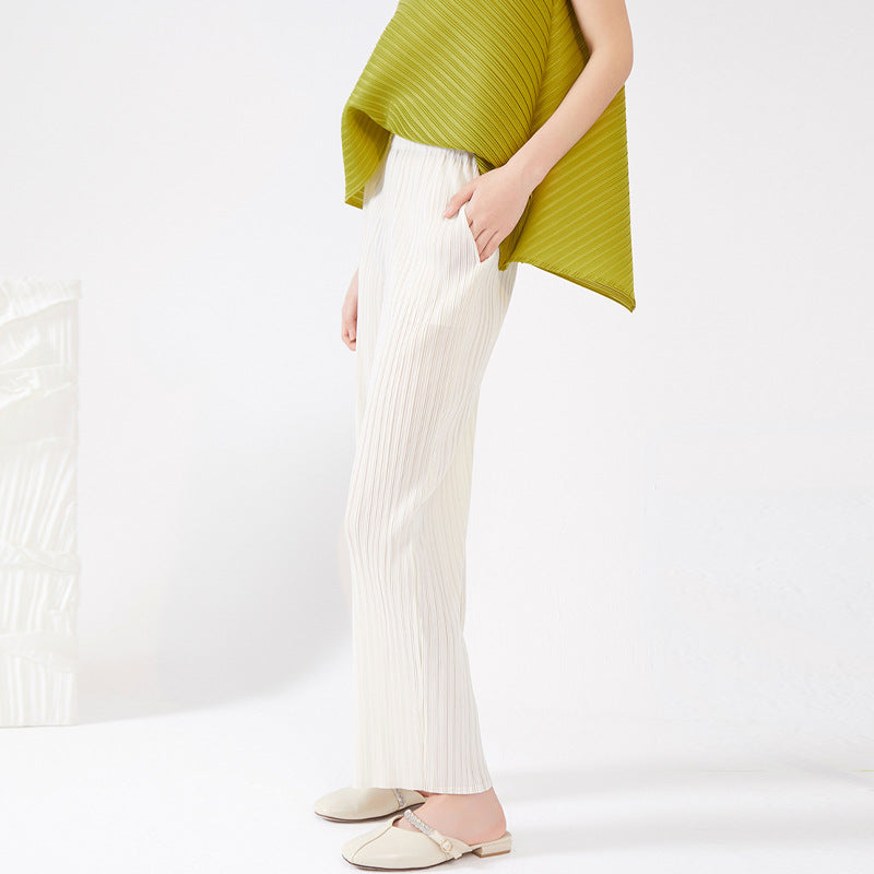2025 wide-leg pants women's summer new high-waisted versatile elastic waist loose commuter straight pants pleated casual pants