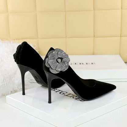 2025 3739-H59L  style thin rhinestone side flower high heels Xishi velvet thin heel super high heel single shoes women