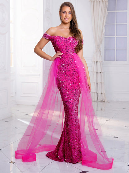 2025 sequined evening dress popular new autumn heavy industry fishtail long hosting banquet one-word shoulder annual meeting dress