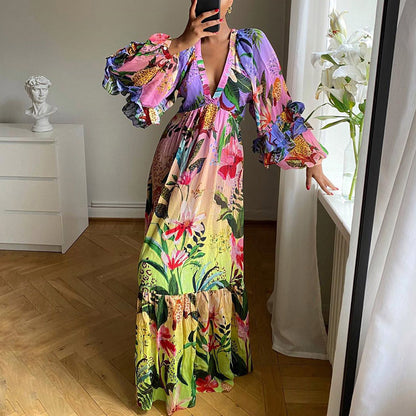 2025 New summer new 2025 women's clothing printing gradual change color dress ruffle V-neck sexy and thin dress