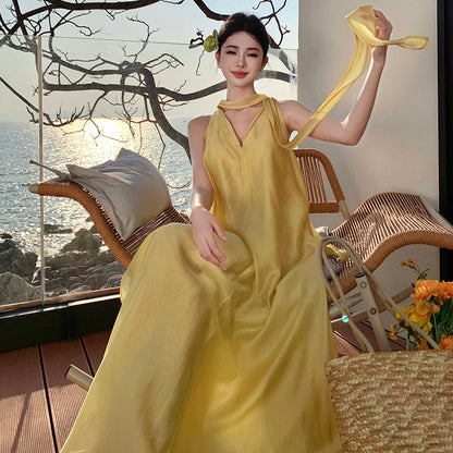 2025 Island beautiful atmosphere holiday style  streamer dress girl high sense loose meat holiday dress