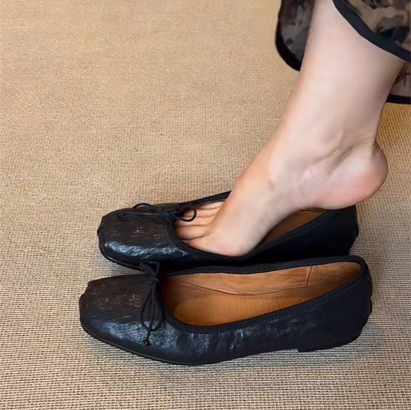 2025 Sheepskin version~ Leather handmade ballet grandma women's shoes bow shallow mouth single shoes women's flat Mary Jane women's shoes