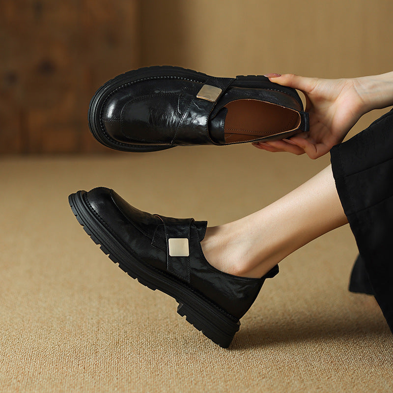2025 Sheepskin version~ popular new retro British round head platform loafers hand-scratched sheepskin one-pedal single shoes women
