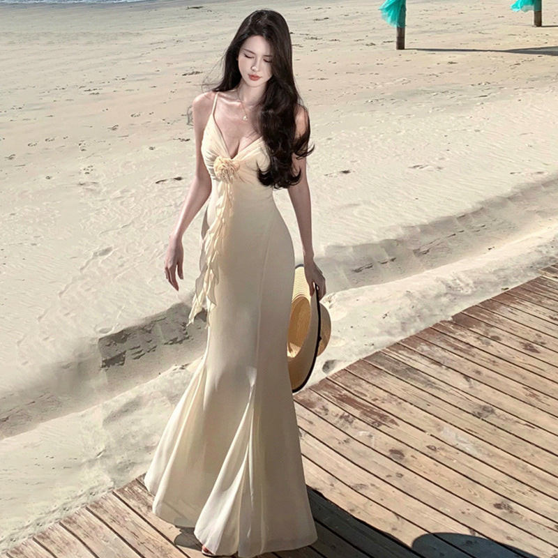2025 Beautiful Royal Sister  Suspender Dress Women's Summer Sexy Flowers Seaside Vacation Fishtail Hip Bag Dress