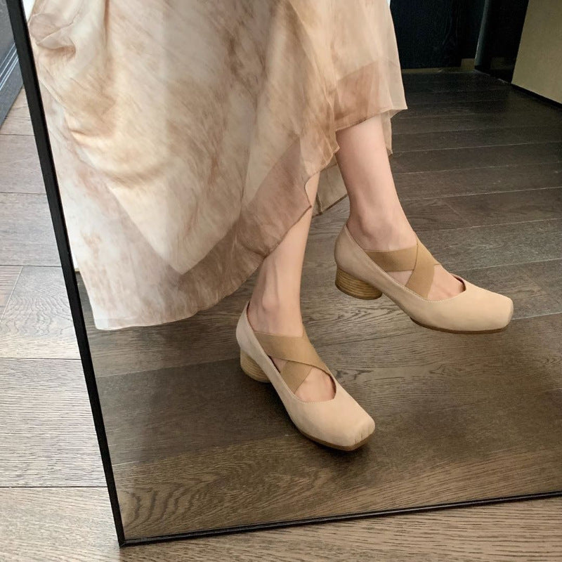 2025 Cowhide version~ Pig nose square head temperament versatile retro Mary Jane shoes cross strap thick heel ballet shoes women's single shoes