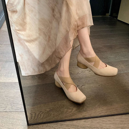 2025 Cowhide version~ Pig nose square head temperament versatile retro Mary Jane shoes cross strap thick heel ballet shoes women's single shoes