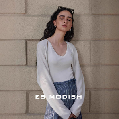 2025 ES MODISH Spring New Product Tencel Sleeve Outer Shawl Knitted Cardigan Celebrity Short Back V-Neck Jacket