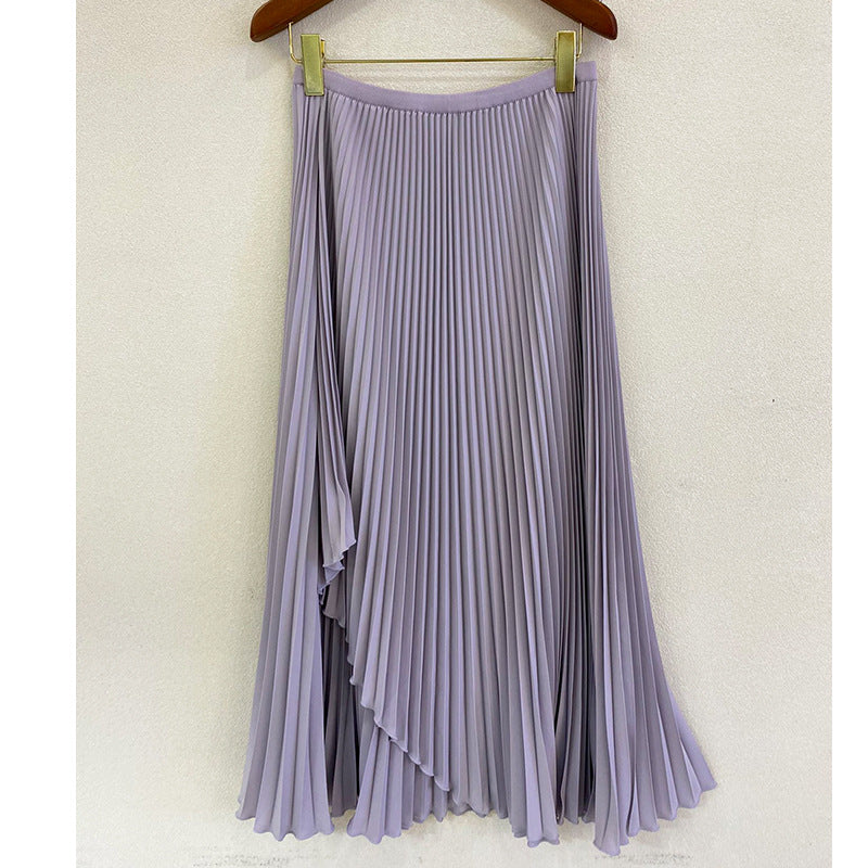 2025 hot-selling skirt medium and long spring and summer new irregular high-end temperament high-waisted pleated skirt long skirt a word