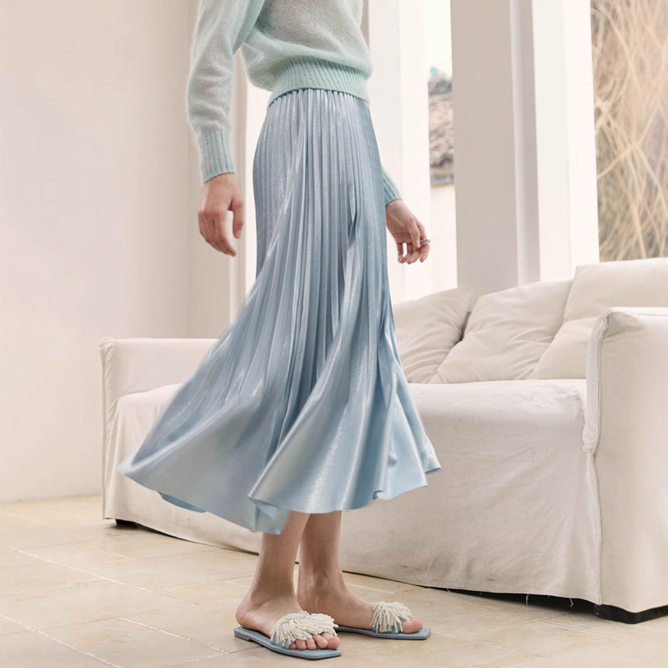 2025 pearlescent pleated skirt women's spring and summer elastic waist medium and long pleats