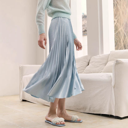 2025 pearlescent pleated skirt women's spring and summer elastic waist medium and long pleats