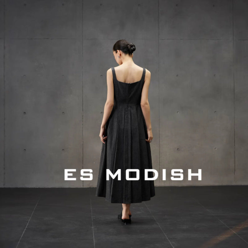 2025 ES MODISH Spring New Muse Essential  Retro Casual Temperament Square Neck High Waist Suspender Dress