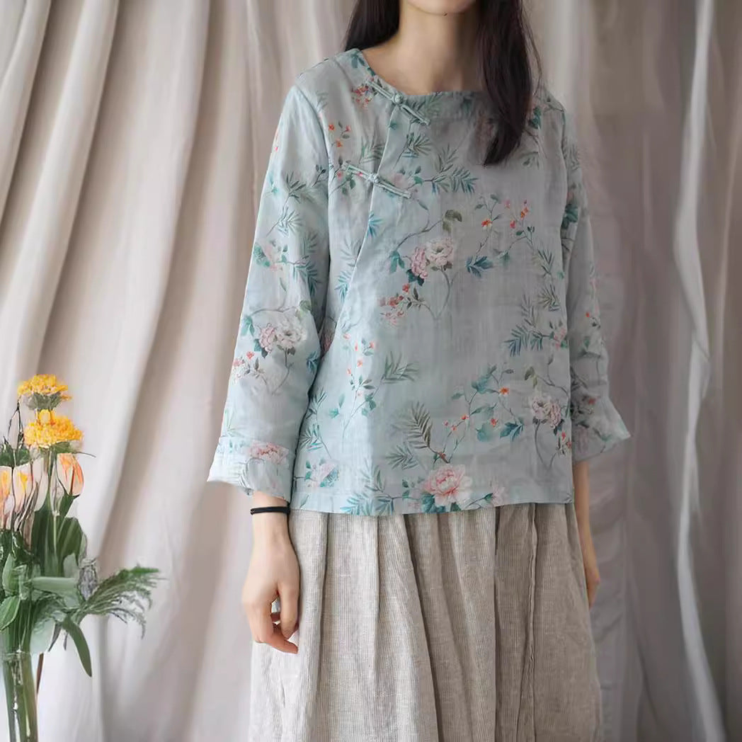 19 Summer Ramie Hanfu Zen Art Tea Clothing National Style Top Shirt Vintage Printed Zen Clothing S1946