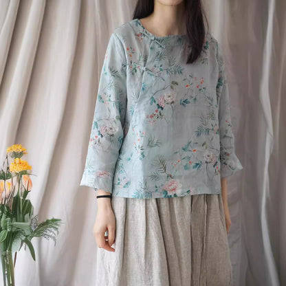 19 Summer Ramie Hanfu Zen Art Tea Clothing National Style Top Shirt Vintage Printed Zen Clothing S1946