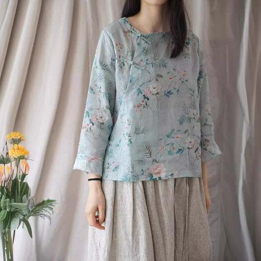 19 Summer Ramie Hanfu Zen Art Tea Clothing National Style Top Shirt Vintage Printed Zen Clothing S1946