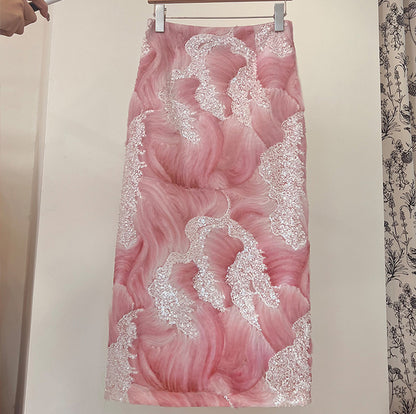2025 Spot pink sea niche design heavy industry smudge bead sequined skirt gentle fashion celebrity medium length A skirt