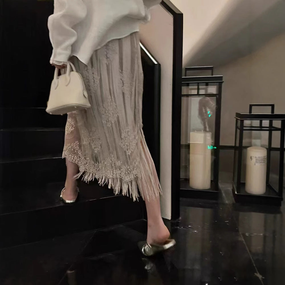 2025 summer new designer niche high waist lace fringed skirt women