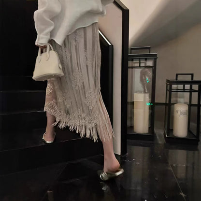 2025 summer new designer niche high waist lace fringed skirt women