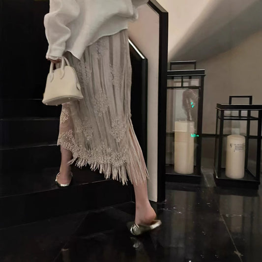 2025 summer new designer niche high waist lace fringed skirt women
