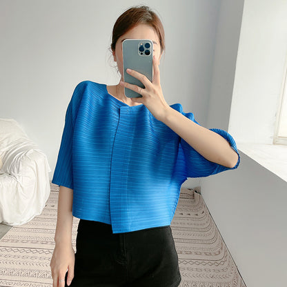 2025 women's pleated top temperament one button spring and summer new outer small cardigan five-quarter sleeve thin short coat
