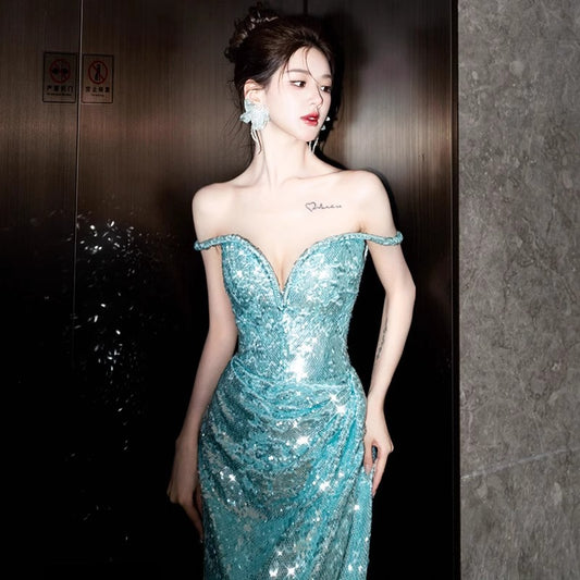 2025 One-word shoulder blue tube top evening dress 2025 style mermaid Ji sexy sequin fishtail dress women