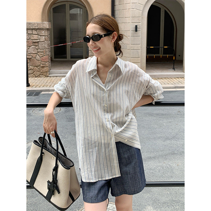 2025  Striped Sunscreen Shirt Women's 2025 Summer Thin Casual Loose Lazy Wind Long Sleeve Shirt T5051X