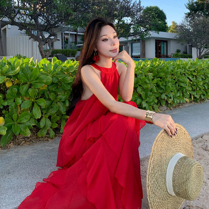 2025 White Elegant Fairy Neck Lotus Leaf Edge Holiday Dress Summer Fairy Seaside Beach Dress Cake Dress