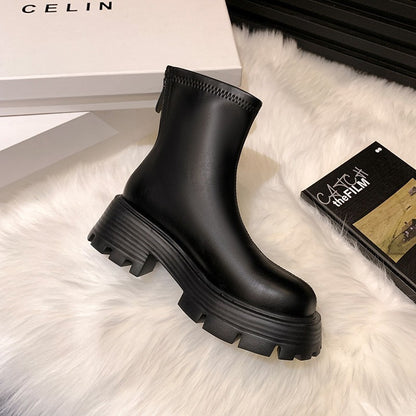 2025 High-heeled short boots for women's popular winter new versatile thick-soled heightening elastic thin boots round-toed Martin boots for women