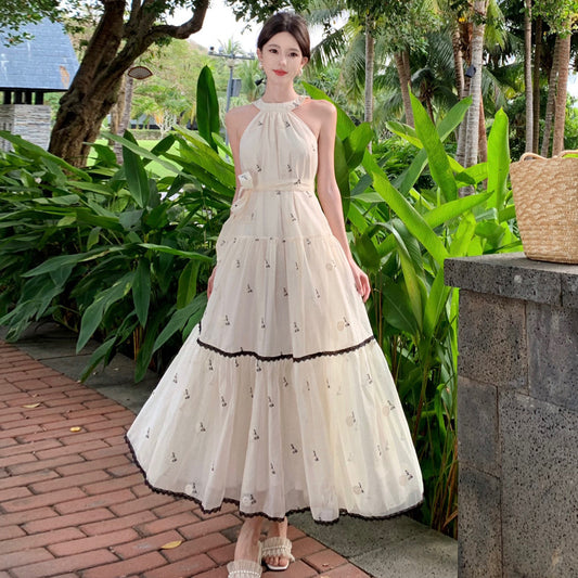 2025 Seaside vacation dress  super fairy high sense retro embroidery neck beach dress bow A word pendulum